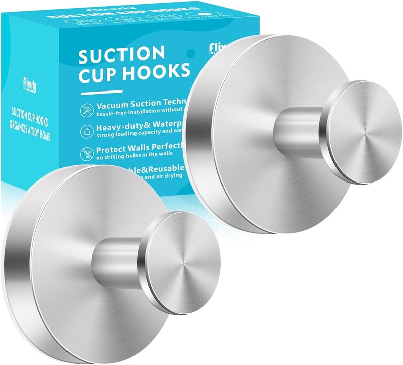 Fliverly 2pcs Suction Cup Hooks for Shower,Inside Shower,Wall,Bathroom,Bedroom,Kitchen,Door,Glass Window, Mirror, Tile, No Drilling Hanging for Towels,Robes,Loofah,hat,Clothing,Wreath (Pro-Sliver) - Image 1